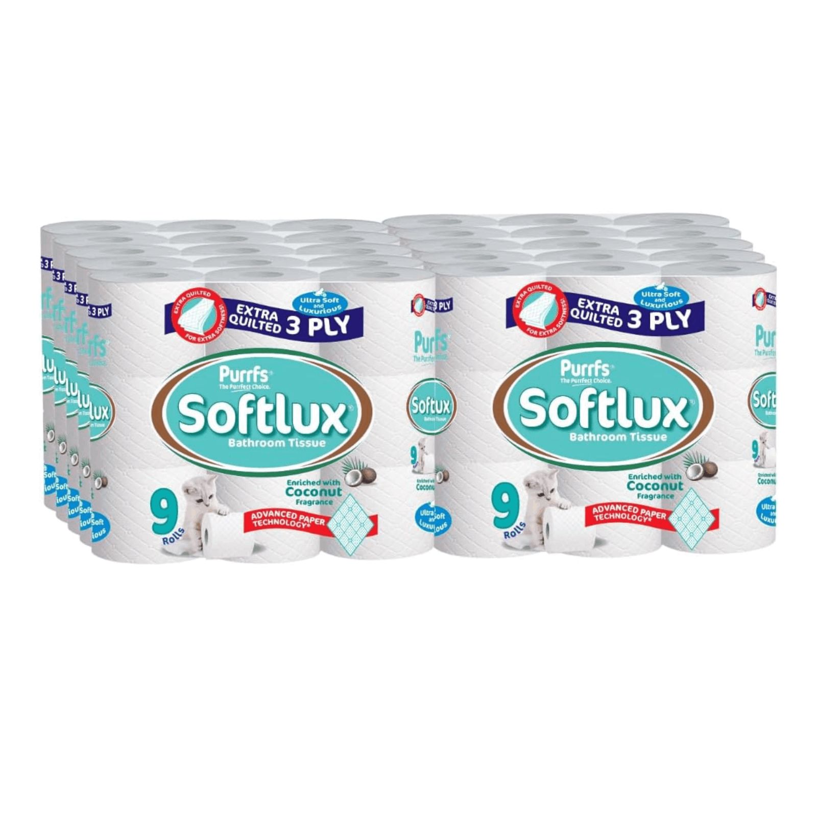 90 Softlux Coconut Fresh Scented 3 Ply Strong Absorbent White Tissue Toilet Rolls