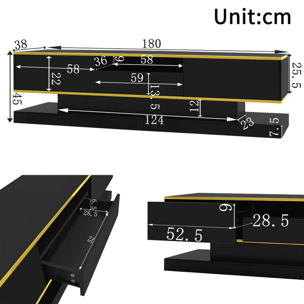 180cm LED TV Stand with 3 Drawers & Open Shelf, High Gloss Modern TV Cabinet with RGB Lights & Gold Trim, PB Board Entertainment Center for Living Room, Gaming & Home Theater - Holds up to 65 Inch TV, Smooth Glide Drawers, Scratch-Resistant, Easy Assembly