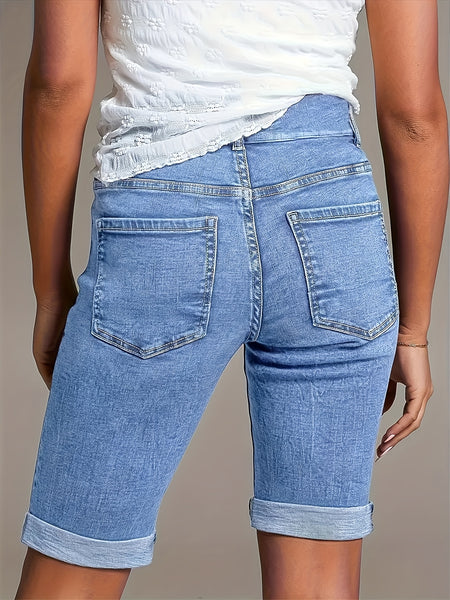Women'S 2026 Summer New Stretchy High-Waisted Tummy Control Denim Shorts, Light Blue Washed with Pockets Slim-Fit Cuffed Casual Shorts, Comfortable Spring/Summer Ladies' Jeans Pants for Travel And Work - Boyfriend-Style Shorts