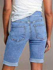 Women'S 2026 Summer New Stretchy High-Waisted Tummy Control Denim Shorts, Light Blue Washed with Pockets Slim-Fit Cuffed Casual Shorts, Comfortable Spring/Summer Ladies' Jeans Pants for Travel And Work - Boyfriend-Style Shorts
