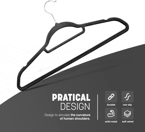 KEPLIN Velvet Hangers 20 Pack - Non-Slip Clothes Hangers with Tie Bar & 360° Hook - Durable & Sturdy, Space-Saving Wardrobe Organisers for Suits, Jackets & Clothes- Home Storage Solution (Black)