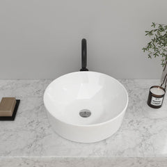 Bathroom Counter Top Ceramic Basin Sink Bathroom Vanity Cloakroom Hand Wash Basin Round Bowl with Pop Up Waste Drainer, White, 405x405x146mm, Faucet Not Included