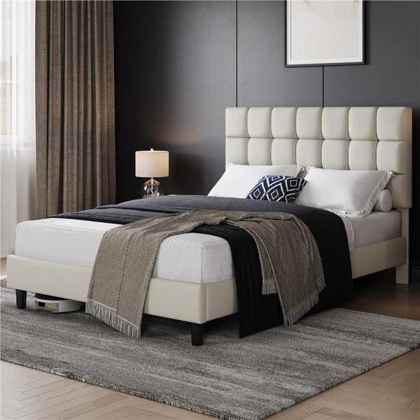 Costoffs Upholstered Bed Frame, Fabric Bed Frame with Fabric Headboard, Modern Platform Bed Frame with Strong Wooden Slats, Support and Square Tufted Headboard Height Adjustable, Double/King, Dark Gray/Light Gray/Beige