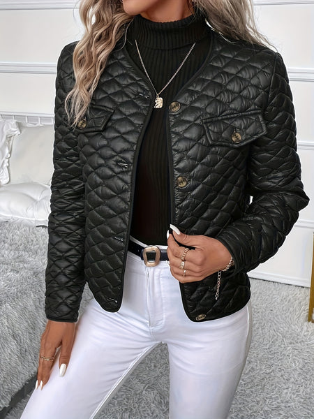 Solid Color Long Sleeve Lapel Detail Quilted Coat