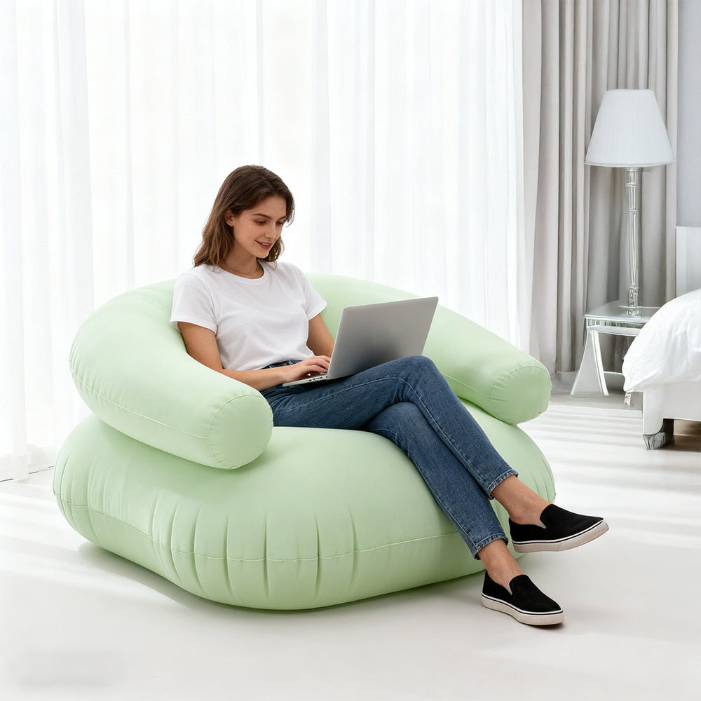 73*73*52cm U-shaped Outdoor Leisure Inflatable Sofas, Portable Inflatable Mattresses for Home Use, with Backrest, Foot Pump Included, Durable and Wear-resistant, Suitable for Home, Camping, Beach and Travel Use Green/Purple