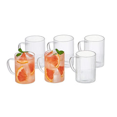 Set of 6 Striped Glass Espresso Shot Cups with Handles (160ml) - Stackable Borosilicate Coffee Glasses, Vertical Ribbed Design, Dishwasher Safe, Shot Glasses for Espresso, mini Desserts