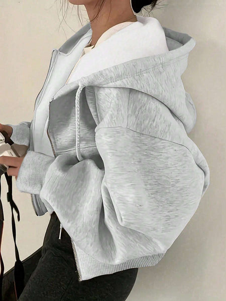 Women's Elegant Fleece Hooded Zipper Jacket with Drawstring - Soft Warm Long Sleeve Sweatshirt, Front Pockets, All-Season Casual Outerwear for Daily Comfort, Sweater Zip Up Hoodie, Comfort Fit Apparel, Ribbed Cuffs Design