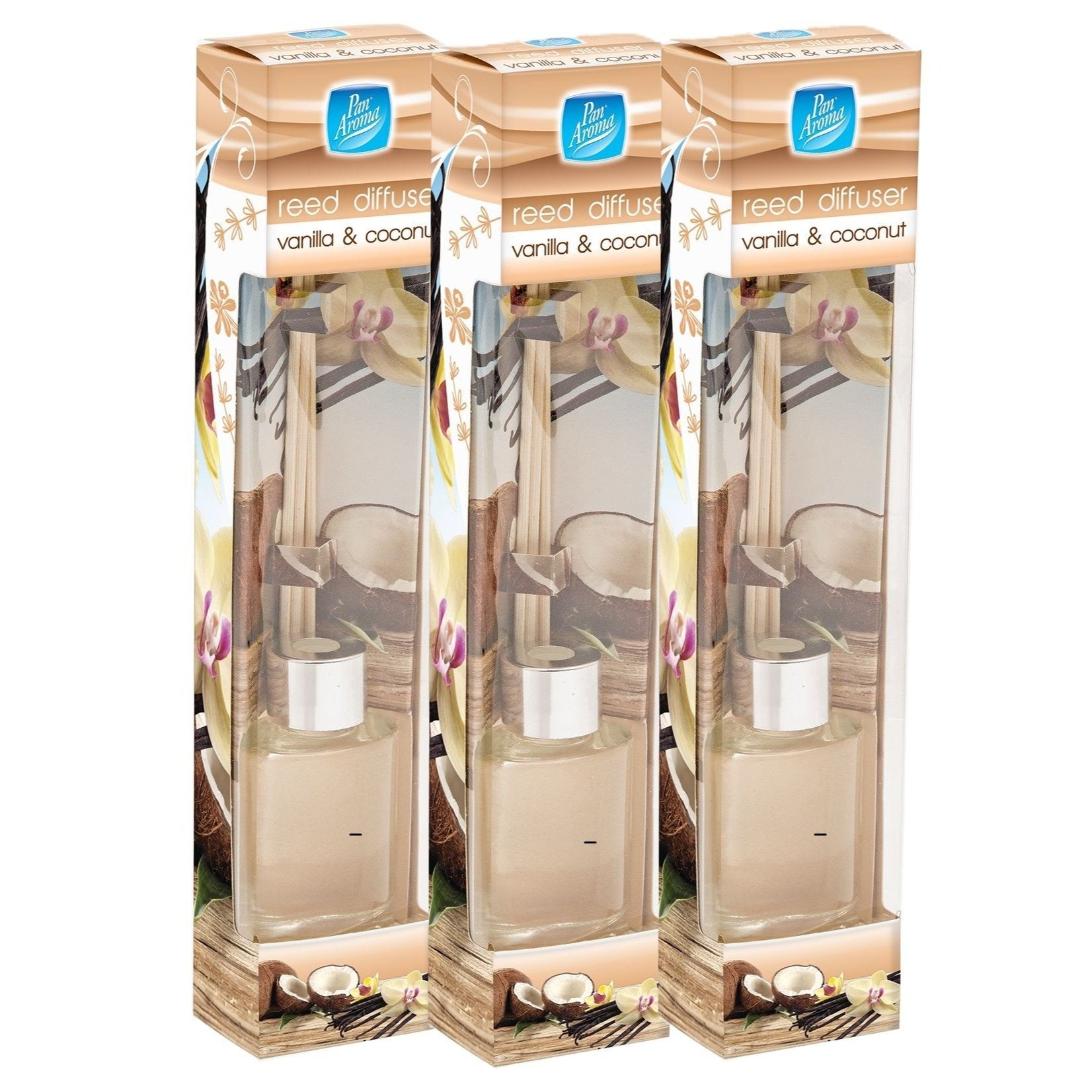 3x Pan Aroma Reed Diffuser Vanilla & Coconut 30ml – Long Lasting Home Fragrance with Natural Rattan Reeds – Sweet Warm Scent for Living Room, Bedroom & Bathroom