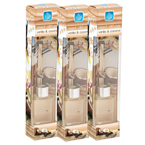 3x Pan Aroma Reed Diffuser Vanilla & Coconut 30ml – Long Lasting Home Fragrance with Natural Rattan Reeds – Sweet Warm Scent for Living Room, Bedroom & Bathroom