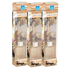 3x Pan Aroma Reed Diffuser Vanilla & Coconut 30ml – Long Lasting Home Fragrance with Natural Rattan Reeds – Sweet Warm Scent for Living Room, Bedroom & Bathroom
