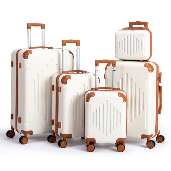 4/5pcs Hard Shell Luggage Set, Expandable & Lightweight Hardside Suitcase With 360° Spinner Wheels (12, 16, 20, 24, 28 Inch) - Stylish White Paired With Brown Luggage