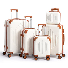 4/5pcs Hard Shell Luggage Set, Expandable & Lightweight Hardside Suitcase With 360° Spinner Wheels (12, 16, 20, 24, 28 Inch) - Stylish White Paired With Brown Luggage