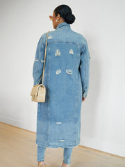 New Style Ripped Denim Jacket with Genuine Pockets - Long Women's Denim Jacket
