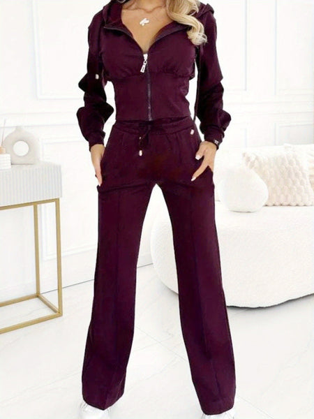 Women's Sexy Elegant Two-Piece Suit Set - Solid Color Slim-Fit Jacket & Pants with Hooded Zipper Jacket, Thin Strap Neckline & Structured Fit | Spring/ Summer Casual to Semi-Formal Outfits | Avant-Garde Streetwear Style | Versatile Commuter & Special