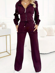 Women's Sexy Elegant Two-Piece Suit Set - Solid Color Slim-Fit Jacket & Pants with Hooded Zipper Jacket, Thin Strap Neckline & Structured Fit | Spring/ Summer Casual to Semi-Formal Outfits | Avant-Garde Streetwear Style | Versatile Commuter & Special