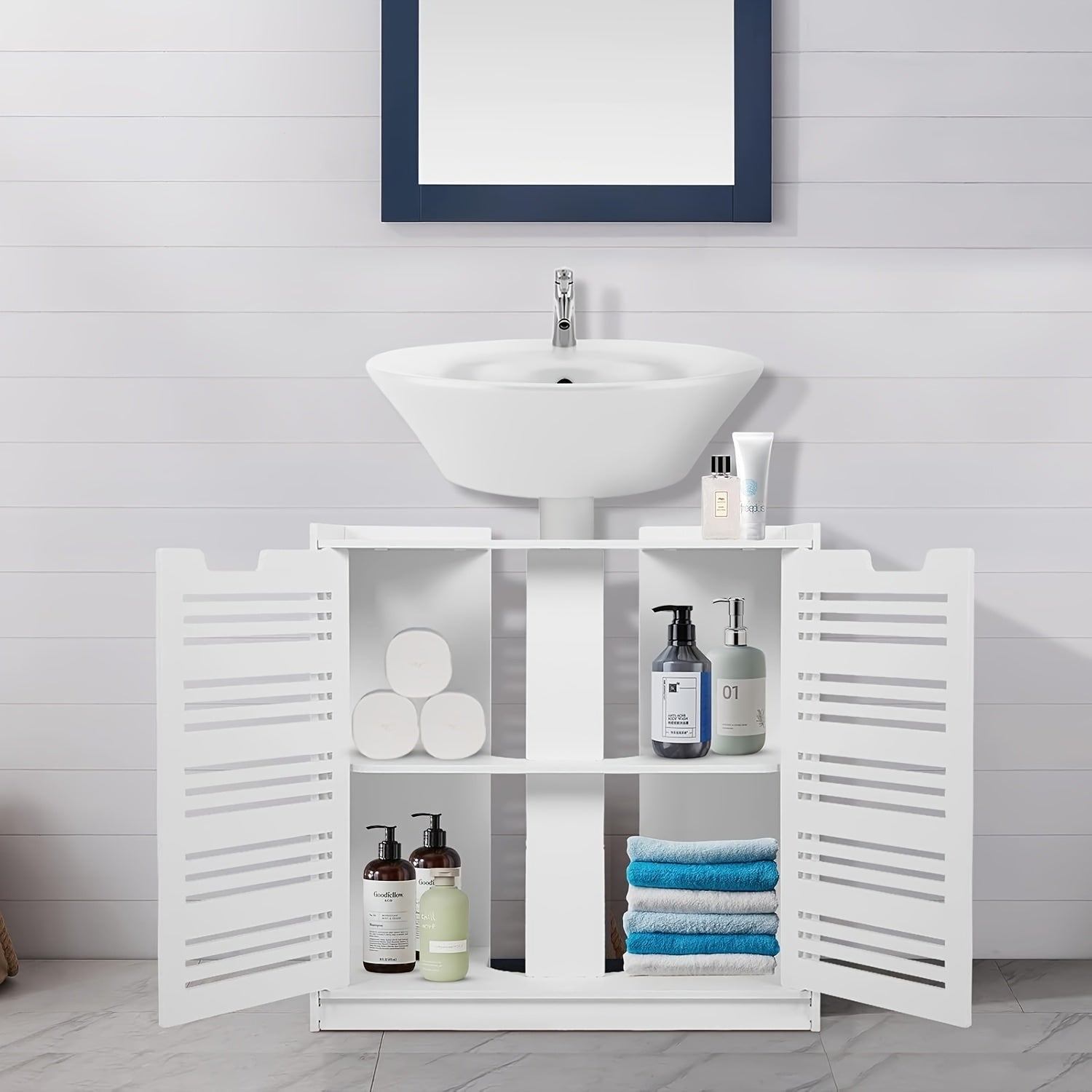 Under Sink Bathroom Cabinet, White Basin Cabinet, Bathroom Under Sink Bathroom Storage Units Freestanding, Wood Plastic Board Bathroom Storage Unit, 59.94X29.97X58.42cm