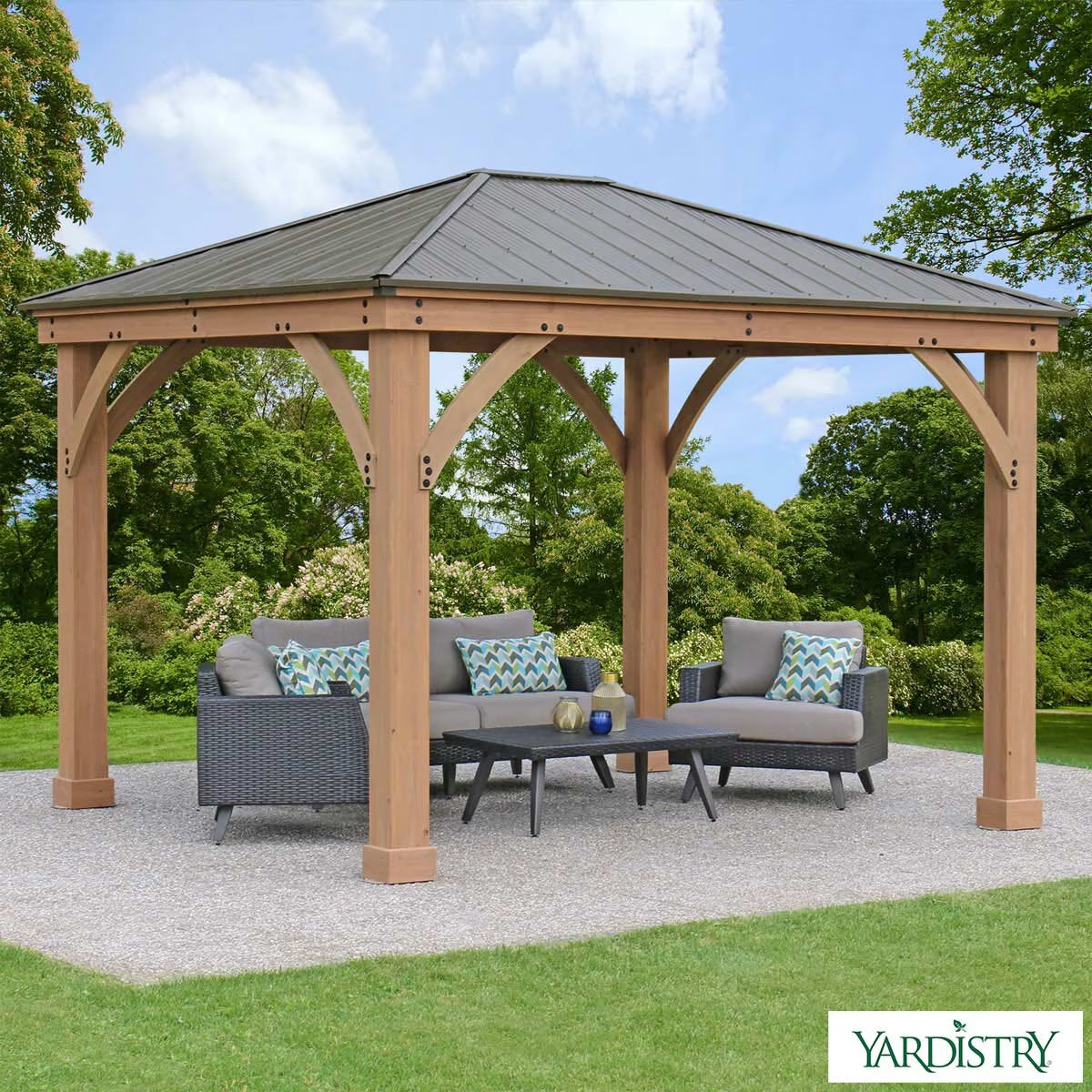 Yardistry 10 X 12Ft (3 X 3.7M) Wooden Gazebo with Peaked Aluminium Solid Roof