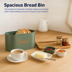 Kitchen Canister Set with Bread Bin (Green) | Metal Airtight Tea Coffee Sugar & Bread Canister with Silicone Seal | Kitchen Storage Set (4pcs) That Keep Edible Fresh for Longer