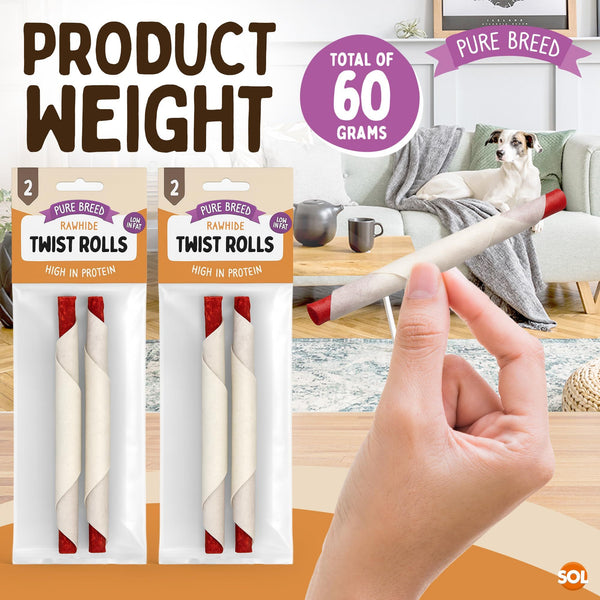 Pure Breed 4pk Long Lasting Dog Chew Twist Rolls | Low Fat Dental Dog Treat Sticks | Rawhide High Protein Dog Treats for Small & Medium Dogs | Natural Chew Snacks for Oral Health, Training & Rewards