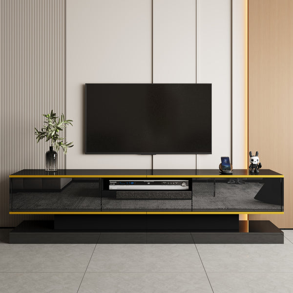180cm LED TV Stand with 3 Drawers & Open Shelf, High Gloss Modern TV Cabinet with RGB Lights & Gold Trim, PB Board Entertainment Center for Living Room, Gaming & Home Theater - Holds up to 65 Inch TV, Smooth Glide Drawers, Scratch-Resistant, Easy Assembly