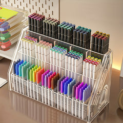 1pc LDQ Large Capacity Acrylic Pen Holder Organizer with Multi-Compartment Storage - Heavy-Duty Plastic Desk Organizer with Compartments for Pencils, Markers, Brushes, School Supplies, Office & Home - Space-Saving Modern Pen
