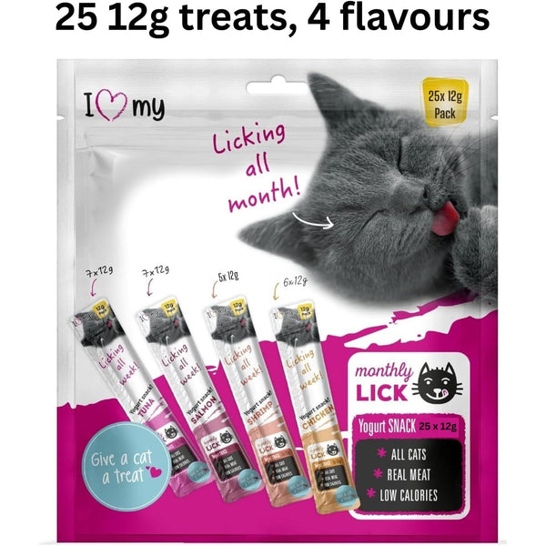 Cat Yoghurt Lickable Treats (25 Pack) Mixed Variety - Chicken, Salmon, Tuna & Shrimp – Creamy Cat Treats Made with Real Meat – 12g Each 4 Flavours