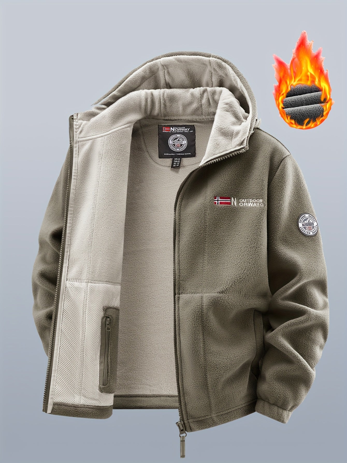 Men's winter fleece warm hooded jacket with thickened multiple pockets, windproof and cold proof jacket