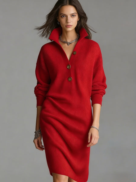 Solid Color Button- Collar Loose-Fit Dress - Straight Tube Mid-Length Dress Suitable for Office, Semi-Formal & Casual Attire - Machine Washable Dress