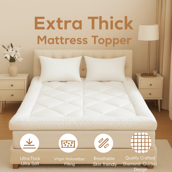 Extra Thick 10cm Mattress Topper, Hotel Quality Soft Quilted Mattress Pad, Brushed Top with Virgin Ball Hollowfiber Filling, Elastic Corner Straps Fits Mattress up to 40cm Deep