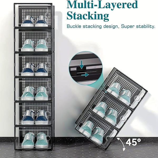 Pack of 12 Stackable Shoe Boxes Shoe Storage Organisers, Sturdy & Durable, Space Saving, Shoe Organizer Containers with Lids for Women/Men, Ideal for Entryway, Closet, Living Room, Bedroom, Office, Dorm, Fit Up To UK Size 9.5, 23x33x14cm