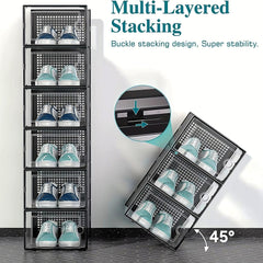 Pack of 12 Stackable Shoe Boxes Shoe Storage Organisers, Sturdy & Durable, Space Saving, Shoe Organizer Containers with Lids for Women/Men, Ideal for Entryway, Closet, Living Room, Bedroom, Office, Dorm, Fit Up To UK Size 9.5, 23x33x14cm