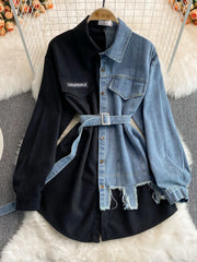 Denim Corduroy Lapel Dress 2025 Autumn/ Winter New Korean-style Waist-cinching and, Irregular Mid-length
