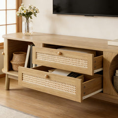 Natural Country Style TV Stand - Wood-Blend Cabinet With Doors Drawers, Rattan Sides, Practical Storage Solution For Living Room Home