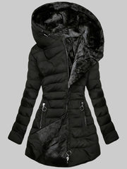 Women'S Winter Casual Mid-Length Fleece-Lined Hooded Jacket - Zippered Pockets, Machine Washable Winter Coat, Full Zip Closure, Regular Fit Sleeves, Fashionable Warm And Cold-Resistant, Comfortable Soft Fabric