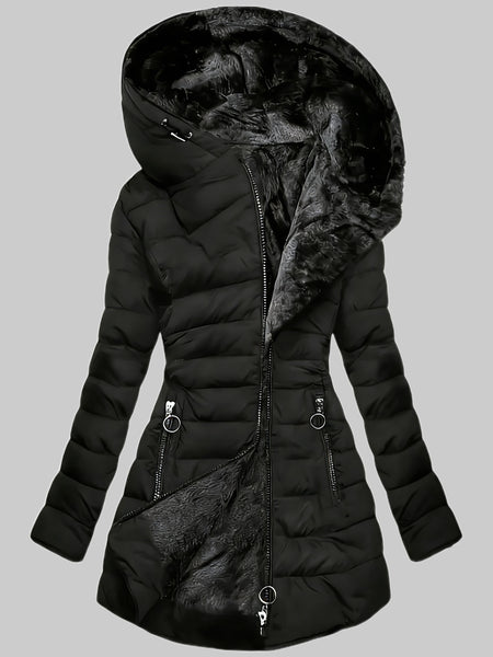 Women'S Winter Casual Mid-Length Fleece-Lined Hooded Jacket - Zippered Pockets, Machine Washable Winter Coat, Full Zip Closure, Regular Fit Sleeves, Fashionable Warm And Cold-Resistant, Comfortable Soft Fabric