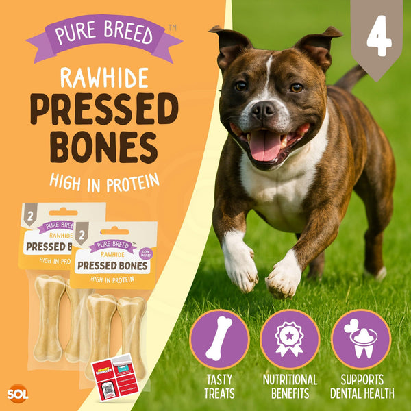 Pure Breed 4pk Pressed Dog Bones | Long Lasting Flavoured Chew Treats for Dogs, Puppies & Large Breeds | Low Fat, High Protein Dental Chews | Healthy Training & Reward Dog Treat Bones