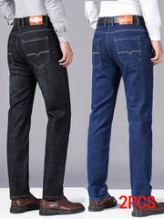 Men's Business Casual Jeans 2pcs All-Season Slim Fit Slight Straight Leg Wrinkle-Free Process Mid-Rise Comfortable Breathable for Commuting and Dating