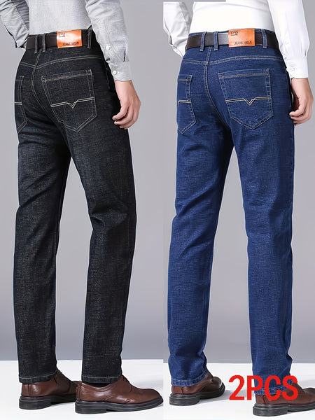 Men's Business Casual Jeans 2pcs All-Season Slim Fit Slight Straight Leg Wrinkle-Free Process Mid-Rise Comfortable Breathable for Commuting and Dating