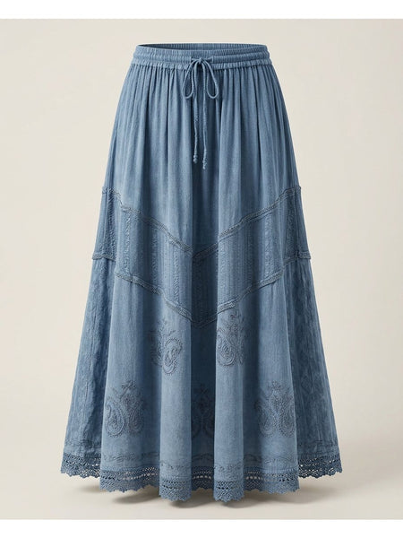 Women'S Indian Boho Maxi Skirt, Embroidered Drawstring Tiered Skirt 18654
