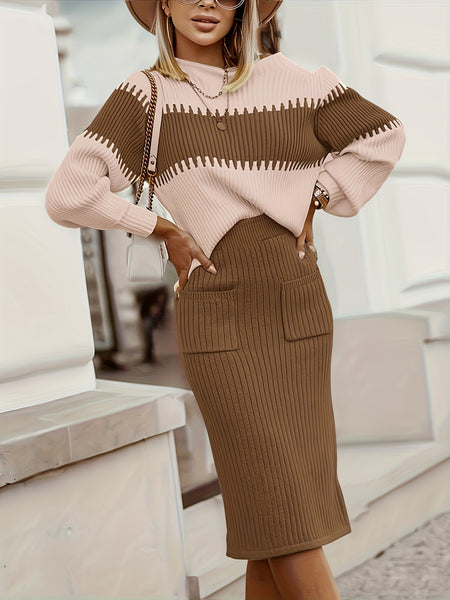 High Neck Pullover Skirt Split Two-Piece Color Block Contrast Thick Long Sleeve Sweater Set, Winter Wardrobe, Elegant Style, Color Block Design, Thick Fabric, Pullover Top, Long Sleeve Skirt, Women'S Fashion, Office Wear