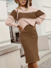 High Neck Pullover Skirt Split Two-Piece Color Block Contrast Thick Long Sleeve Sweater Set, Winter Wardrobe, Elegant Style, Color Block Design, Thick Fabric, Pullover Top, Long Sleeve Skirt, Women'S Fashion, Office Wear