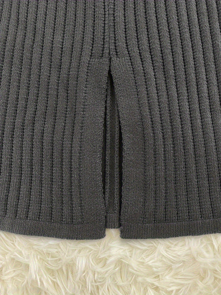 Chic Women's Ribbed Two-Piece Set: Color Block Sweater& Midi Skirt- Comfortable, Shaping Casual Wear for Fashion-Forward Ladies