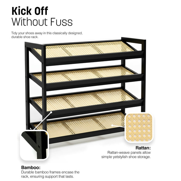 KEPLIN 2/3/4-Tier Bamboo and Rattan Shoe Rack Organizer – Durable, Easy Assembly – Compact Design for Entryway, Closet, or Hallway – Stylish and Functional Storage – Black and Natural