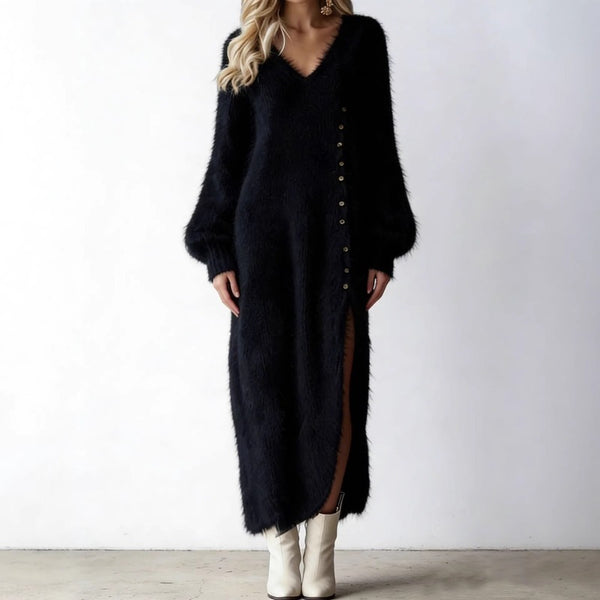 2026 Autumn and Winter V-neck Loose Lazy Style Button Decoration Slit Dress Temperament