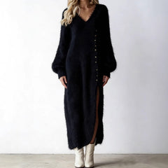 2026 Autumn and Winter V-neck Loose Lazy Style Button Decoration Slit Dress Temperament