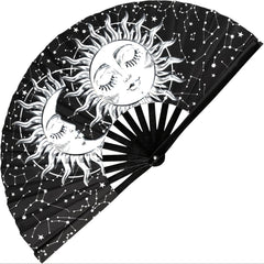 Large Black Folding Fan with Artistic Sun & Moon Design - Durable Plastic, Portable for Music Festivals, Weddings, Parties, Dance Performances & Home Decor