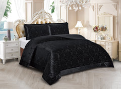 3 Piece Velvet Quilted Bedspread Set Jacquard Damask Bed Cover with Pillow Shams | Luxury Soft Polyester Bedspread for Double King Super King Beds | Modern Elegant Bedroom Bedding Set