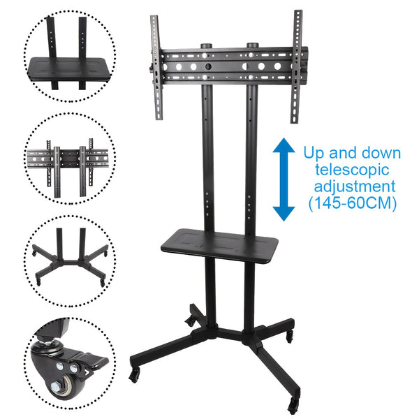 Mobile TV Stand On Wheels with The Down Tray, Tilt Rolling TV Stand with Media Shelf for 81.28-165.1 cm LED, LCD, OLED Flat&Curved TVs, Holds Up to 50kg