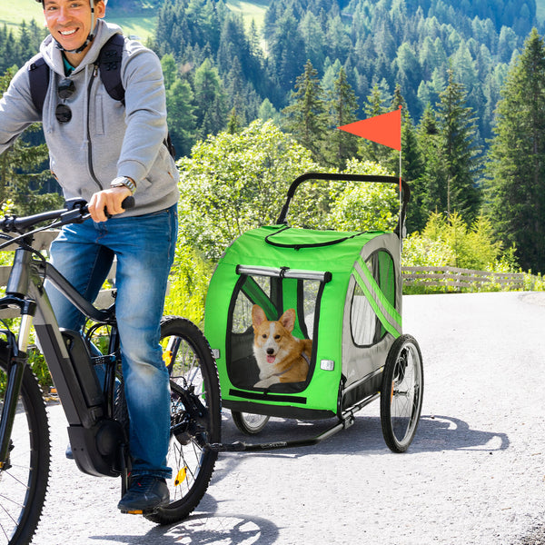 Pawhut 2-In-1 Dog Bike Trailer Stroller W/ Universal Wheel Reflector Flag Green