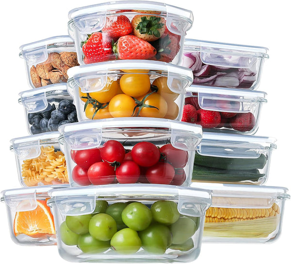 HOMBERKING 24Pc Glass Food Storage Containers with Lids, Glass Meal Prep Containers with Leak Proof Snap Lock Lids, Airtight Bento Lunch Boxes, Kitchen Storage (12 Lids & 12 Containers) - Black